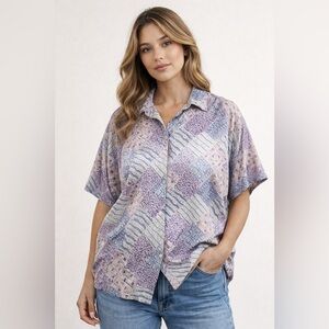 Bogari 100% Silk Vintage Abstract Patchwork Button Up Shirt Size S